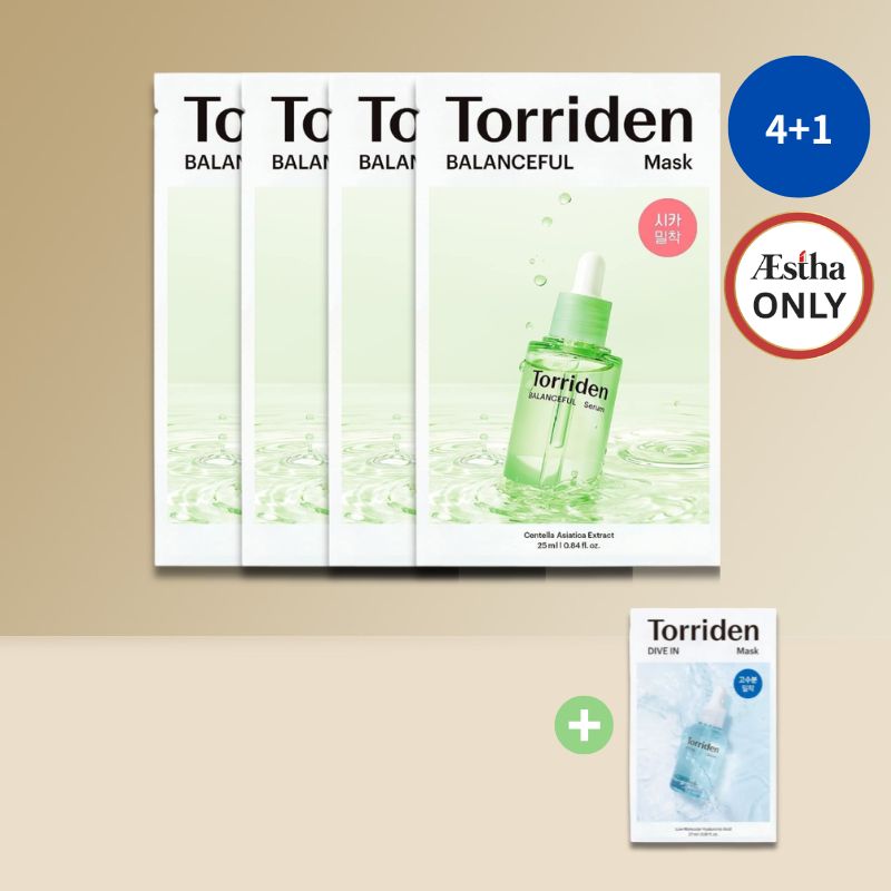 Torriden Mask Sheet Set: 4pc Balanceful Cica Soothing + 1pc Dive-In Low Molecular Hyaluronic Acid Hydrating Mask