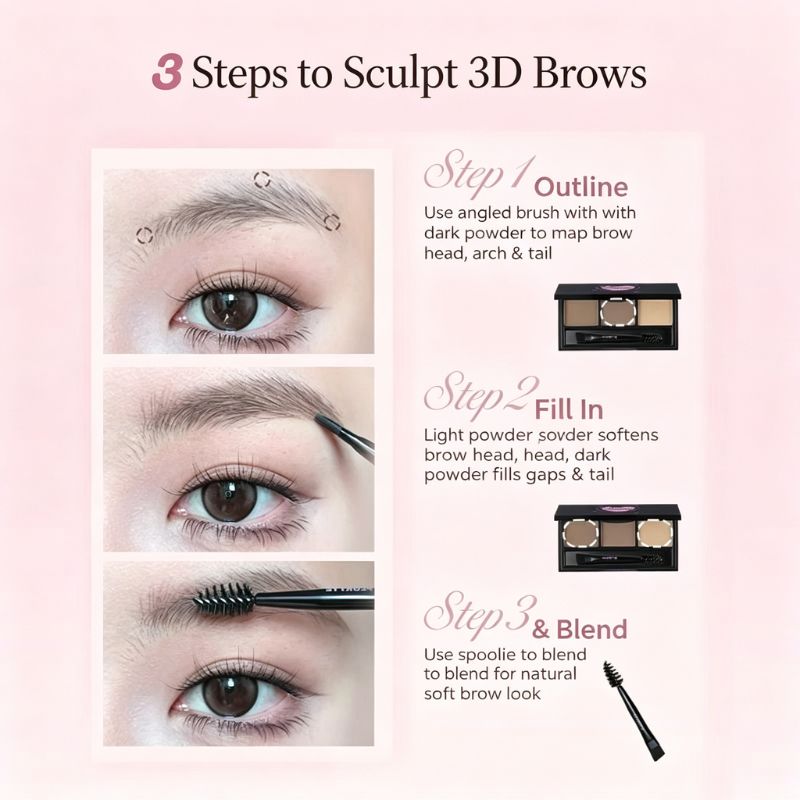 FLORTTE No Worries Three-Colour Eyebrow Powder - RV Cosmetics