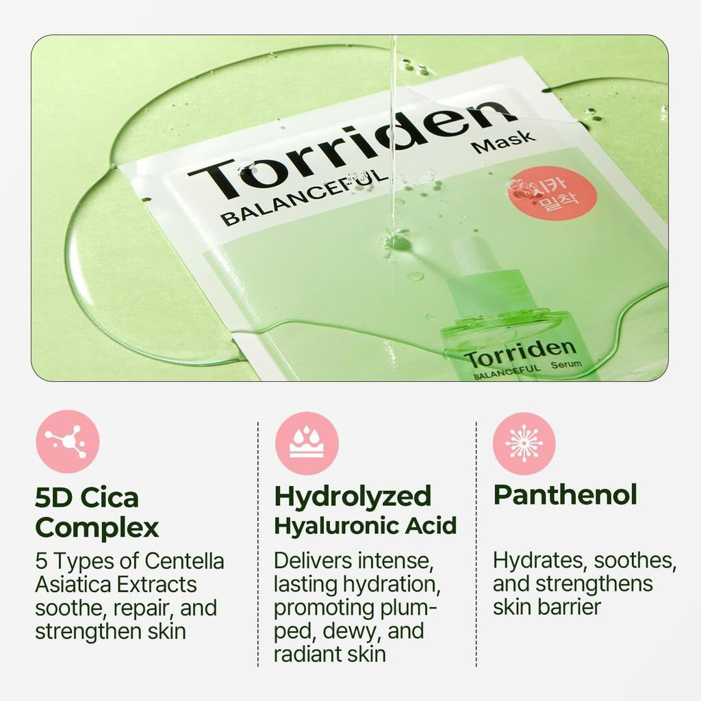 Torriden Mask Sheet Set: 4pc Balanceful Cica Soothing + 1pc Dive-In Low Molecular Hyaluronic Acid Hydrating Mask