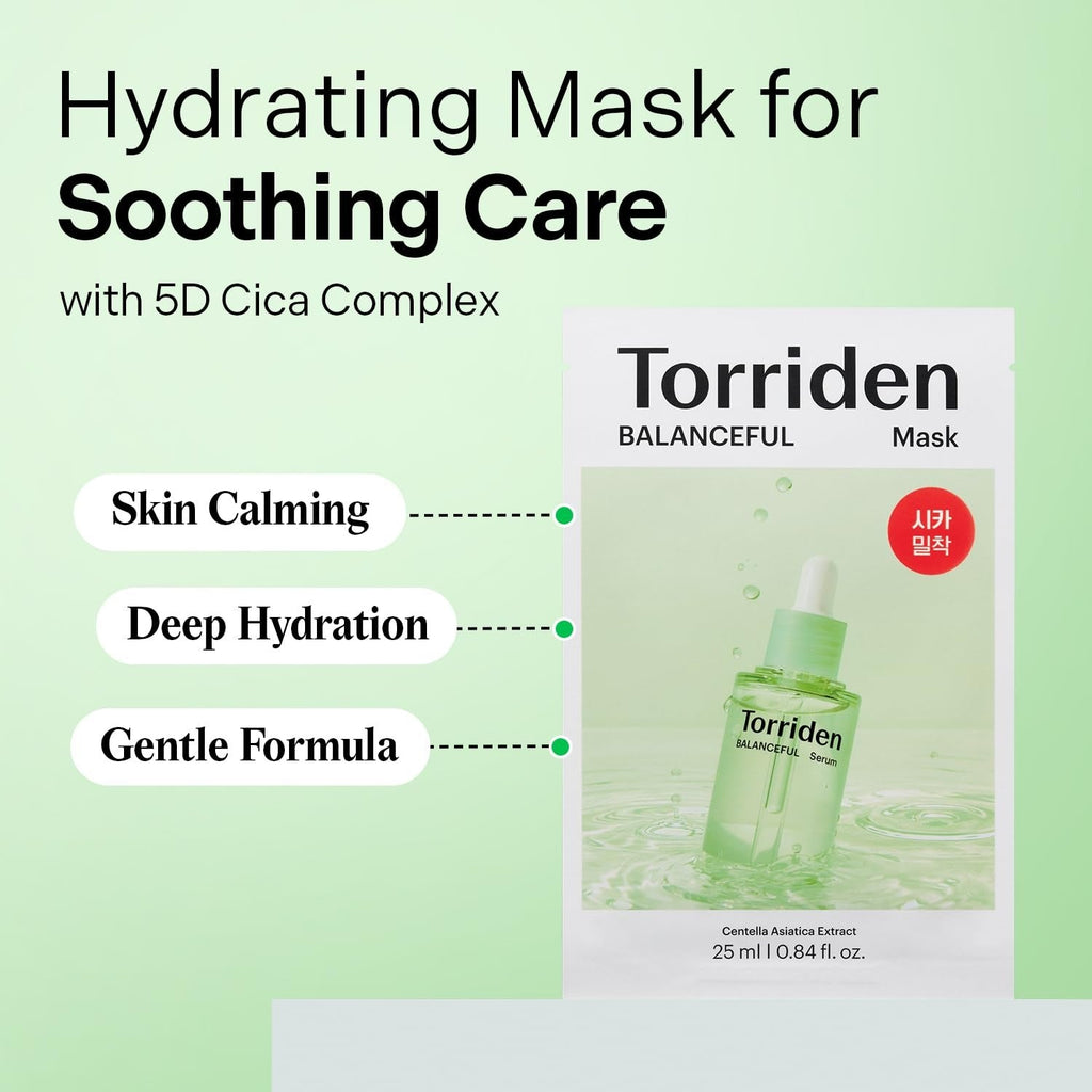 Torriden Mask Sheet Set: 4pc Balanceful Cica Soothing + 1pc Dive-In Low Molecular Hyaluronic Acid Hydrating Mask