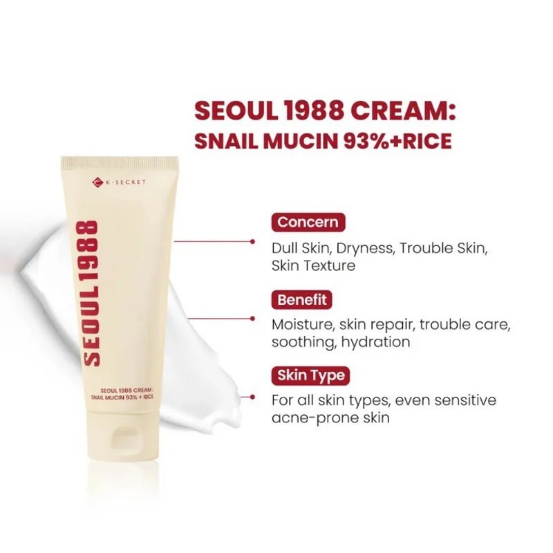 K-SECRET Seoul 1988 Snail Mucin 93% + Rice Cream 100ml - RV Cosmetics