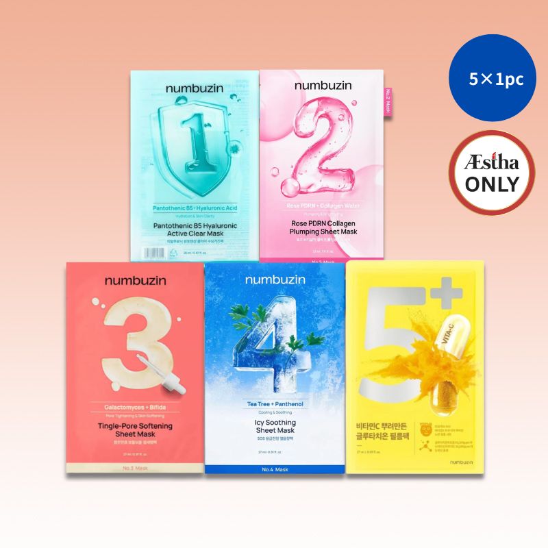 numbuzin Sheet Mask Mask Multipack (5 Sheets) - No.1 to No.5 Best Collection | Hydrating, Pores, Calming, Brightening & Anti-Aging Skin Care Set - RV Cosmetics